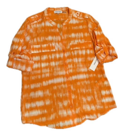 Calvin Klein Women Split V-Neck Roll-Tab Sleeve Button Front Top Orange/White - Picture 1 of 8